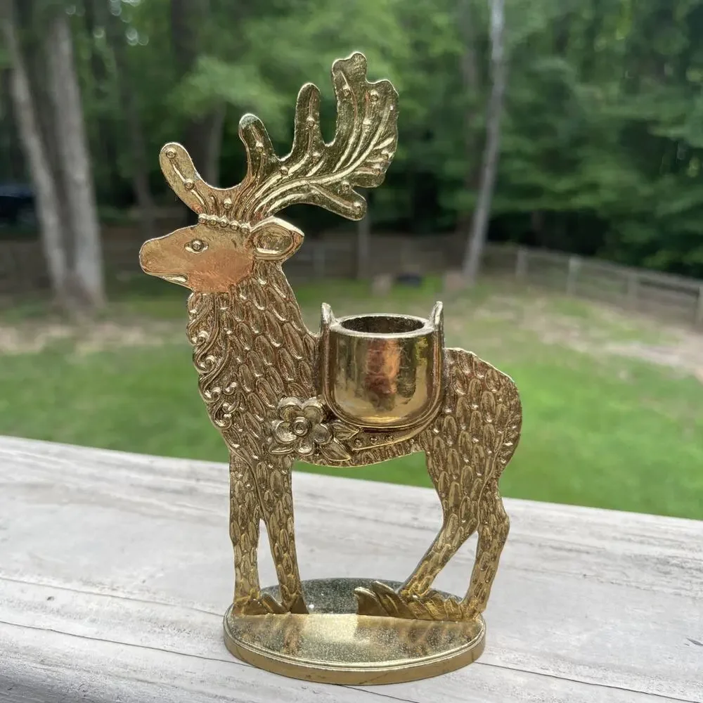 Vintage Brass Reindeer Tapered Candle Holder Dept 56 Gold Deer MCM Art Deco